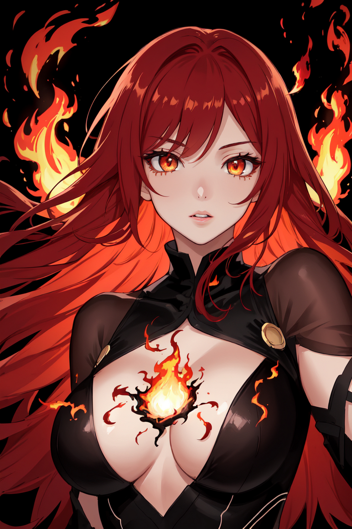 Flaming girls Девушки, Аниме, 2D, Stable Diffusion, Арты нейросетей, Anime Art, Длиннопост, Арт, Нейронные сети, Искусственный интеллект, Магия, Огонь, Красные волосы, Красные глаза