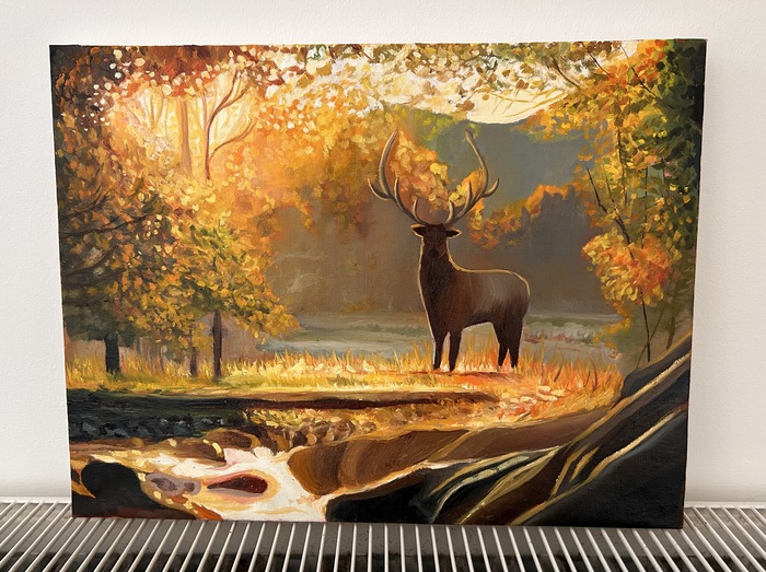 Олень в лесу маслом