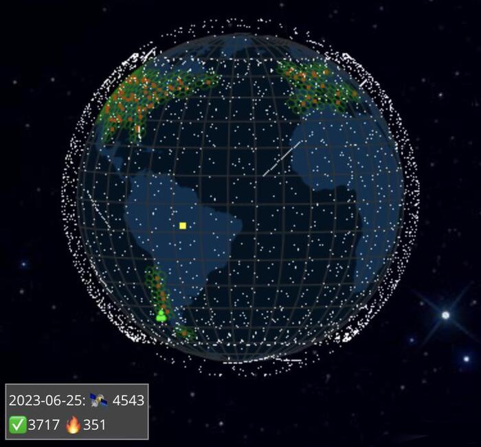 Каждый спутник Starlink, находящийся в настоящее время на    орбите (с сайта Satellitemap.space)Арт/Визуализация
