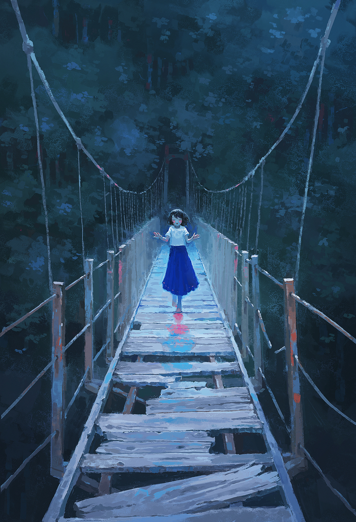 Подвесной мост Аниме, Anime Art, Original Character, Подвесной мост, Fjsmu