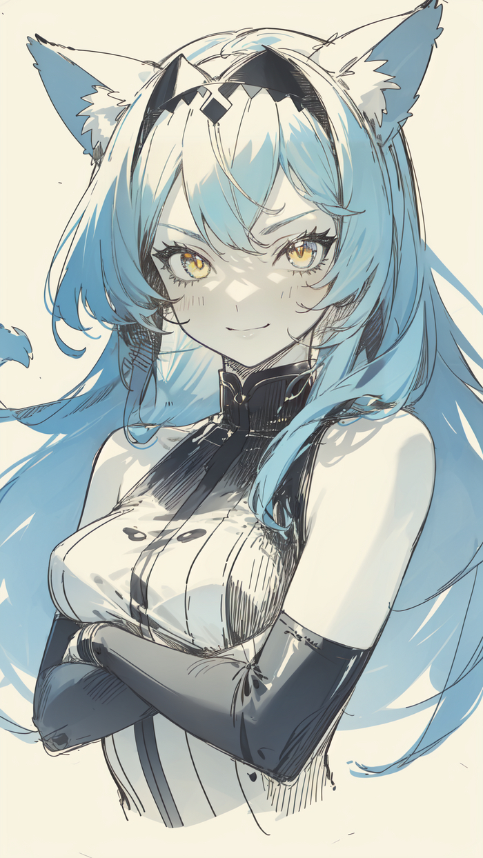 Sketch style blue neko , , 2D, Stable Diffusion,  , Anime Art, , ,  ,  ,  , Original Character, ,  , 