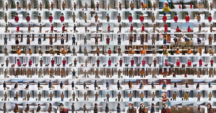 dog wearing a coat and hat standing in the snow by Wes Anderson