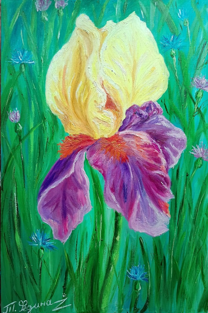 "Ирисы с васильками" Холст 70см*50см масло,
