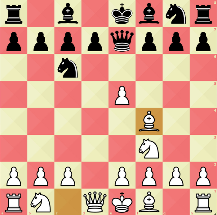 1. d4 e5 2. dxe5 Nc6 3. Nf3 Qe7 4. Bf4 -   ,    