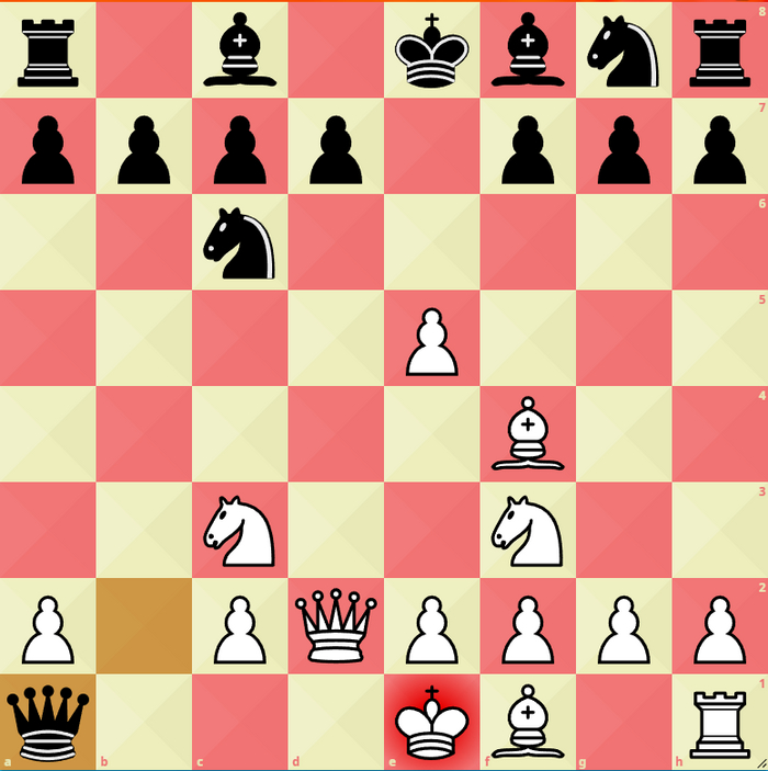 1. d4 e5 2. dxe5 Nc6 3. Nf3 Qe7 4. Bf4 Qb4+ 5. Qd2?? Qxb2 6. Nc3 (6. Qc3?? Bb4!) 6... Qxa1+