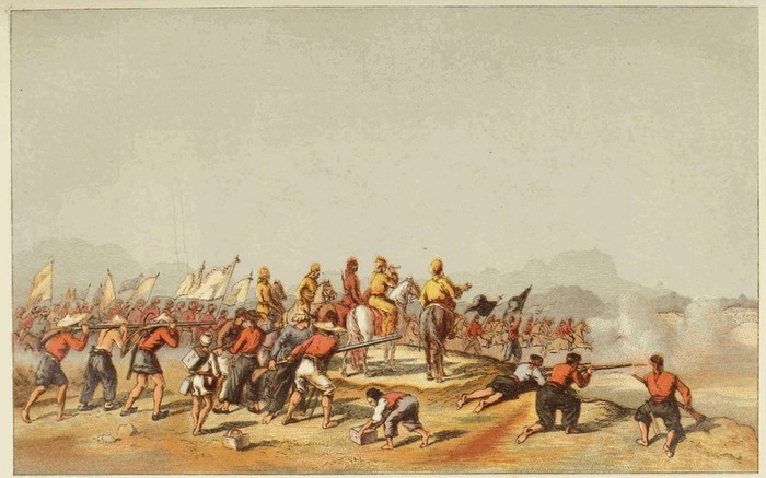 Отряд тайпинов в бою, хорошо видны жёлтые куртки высших командиров и штабных офицеров.
Рисунок английского очевидца середины XIX века