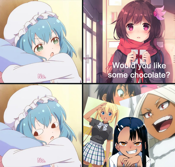 -Хочешь шоколада?
-Нет
-Нет