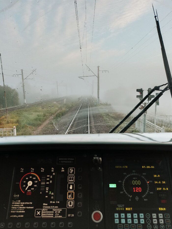 Туманное железнодорожное утро Поезд, Железная дорога, Общественный транспорт, РЖД, Транспорт, Электричка, Рабочее место, Атмосферно, Машинист