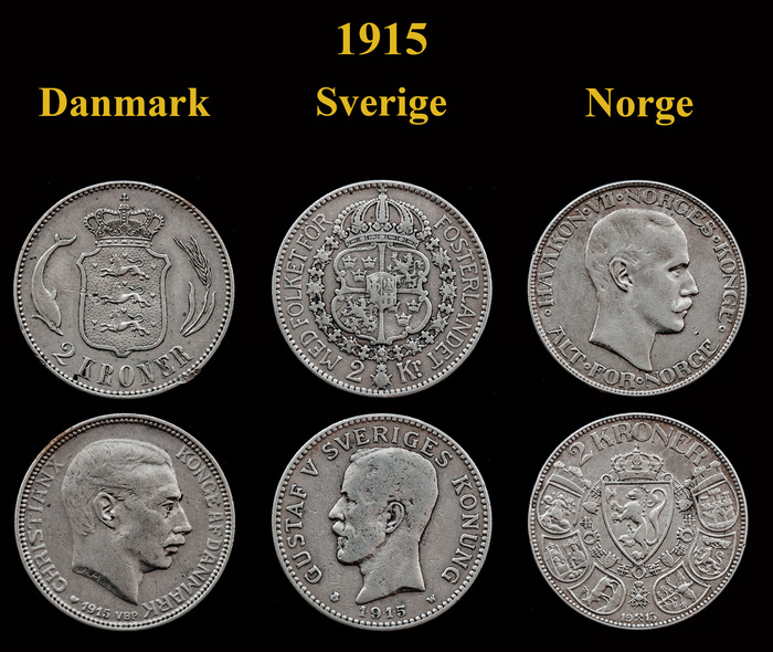 Монеты - ровесники. 1915 Монета, Европа, Фотография, Серебро, Нумизматика, Швеция, Дания, Норвегия, Крона