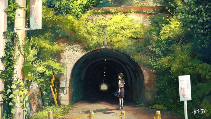 Старый тоннель Аниме, Anime Art, Original Character, Seifuku, Школьницы, Тоннель