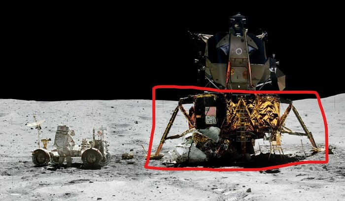 Посадочная платформа лунного модуля миссии "Аполлон". Та часть, которая отмечена красным - осталась навсегда на поверхности Луны после старта верхней части вместе с астронавтами