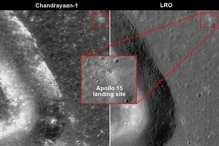 У индийского аппарата "Чандраян-1" не было возможности запечатлеть места посадок "Аполлонов", так как не хватало разрешения. Тем не менее, уже в январе 2009 года аппарат LRO сумел снять в достаточным разрешением камеры места посадок Аполлона-15 и А-17