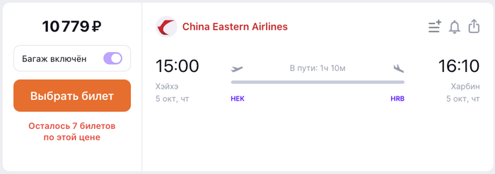 Цена на этот же билет в онлайн сервисе — 10779 рублей на короткий перелёт.