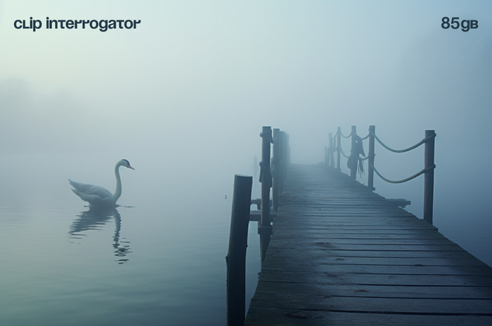 a dock next to a body of water on a foggy day, a picture, inspired by Elsa Bleda, romanticism, dmitry bogdanov, swan, mysterious figure, nikolay kopeykin, bridge, summer morning, misty night, resting, benjamin vnuk, interesting composition, colored fog, so