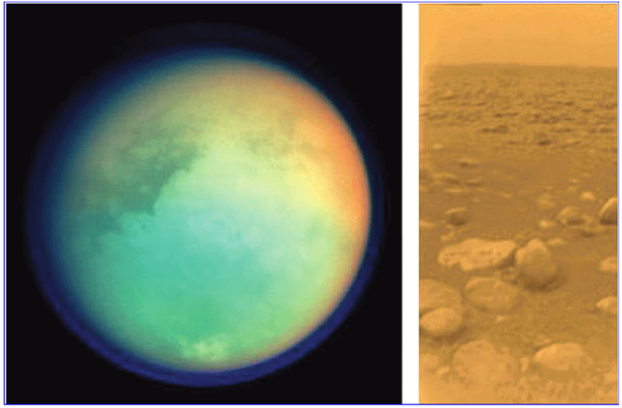 Фото Титана из космоса, сделанное аппаратом Кассини и фото поверхности, сделанное зондом Гюйгенс. 2005 г.