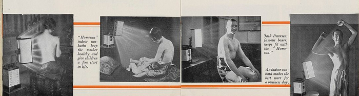 Реклама «домашнего солнца» — ультрафиолетовой лампы для домашнего облучения — в каталоге компании Hanovia, 1937 год
Medical Photographic Library / Wikimedia Commons