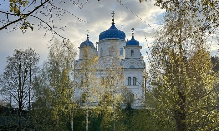 Благовещенский собор (церковь Михаила Архангела) с ярко-синими куполами хорошо виден при подъёме на верхнее городище с остатками кремля. Автор: Мария Баларёва