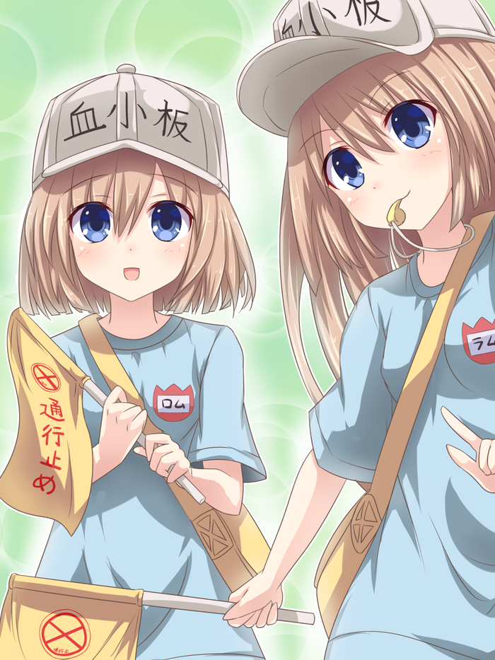 Rom & Ram Anime Art, Hyperdimension Neptunia, Neptunia, Rom, Ram (Neptunia), Hataraku Saibou, Platelet, 