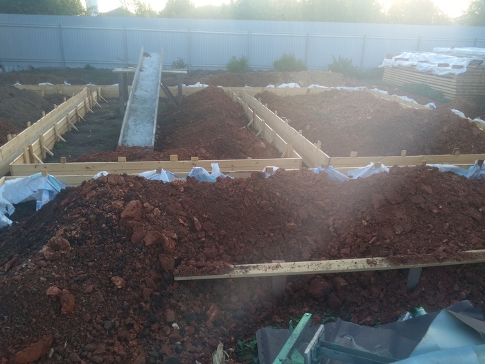 Внешнюю грань опалубки защитил плёнкой, которую снял с блоков. Так и блоки подсохнут, и опалубка будет чистой, и земля не будет осыпаться внутрь