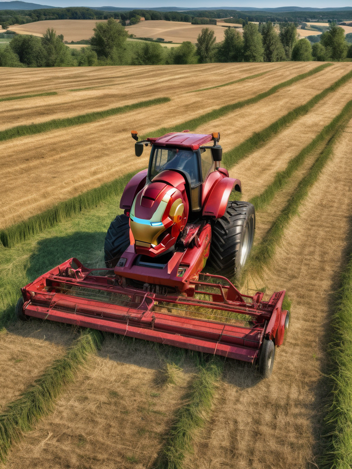 Бонус: Железный человек косит траву. Возмутительно буквально:) Stable Diffusion.