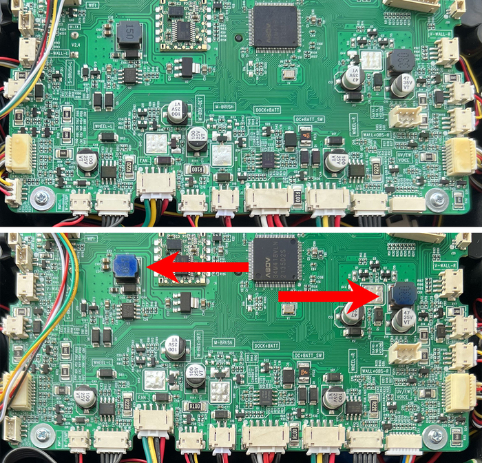 Сверху – плата оригинального китайца, снизу – плата отюмененного китайца. Красными стрелочками указаны детали, на которых на фото удалось зафиксировать «бензиновый» эффект