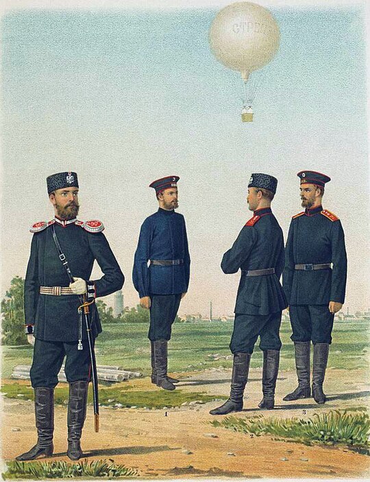 Обер-офицер (парадная форма), под № рядовые: № 1 (в рубахе) № 2 (в парадной форме) № 3 (в обыкновенной форме) воздухоплавательного парка, 1890 год, на заднем плане воздушный шар «Стрехъ».
