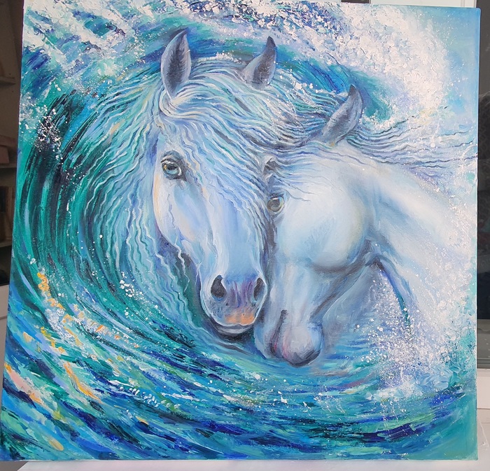 Фантазия на тему как противостоять стихие. На картине волна олицетворяет стихийное волнение в жизни. Белые кони - спокойствие, силу и уверенность.
