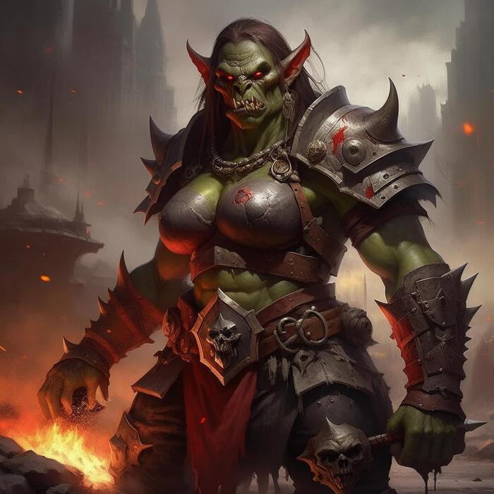 Huge orc woman in armor, splashes of red paint, torn, moon, fire