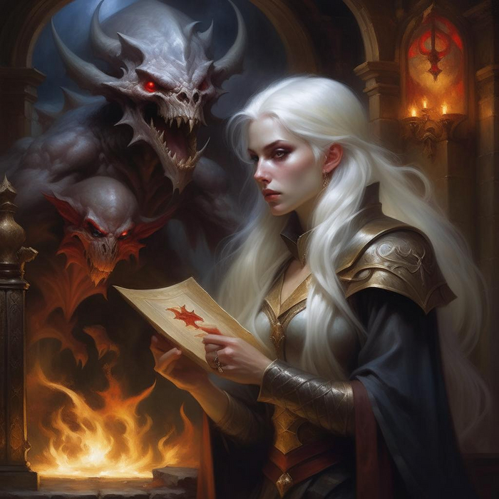 A militant mage girl with white hair looks at a demonic creature