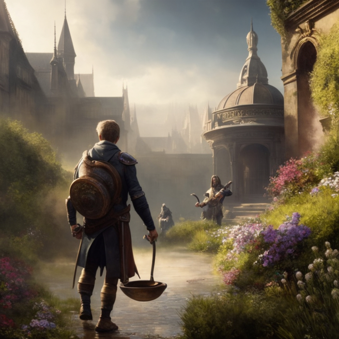 he walks through the rock garden with a watering can