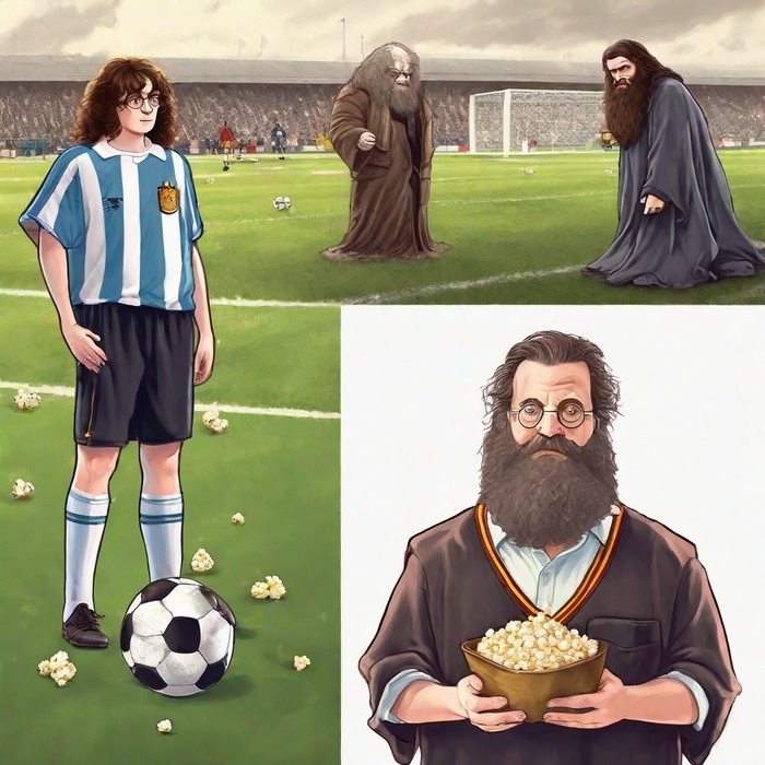 И снова нет Гермоны. А Воландеморт... Он вылез из мяча и стал вторым Хагридом? А в попкорне так много тестостерона, что у Гермионы выросла борода.