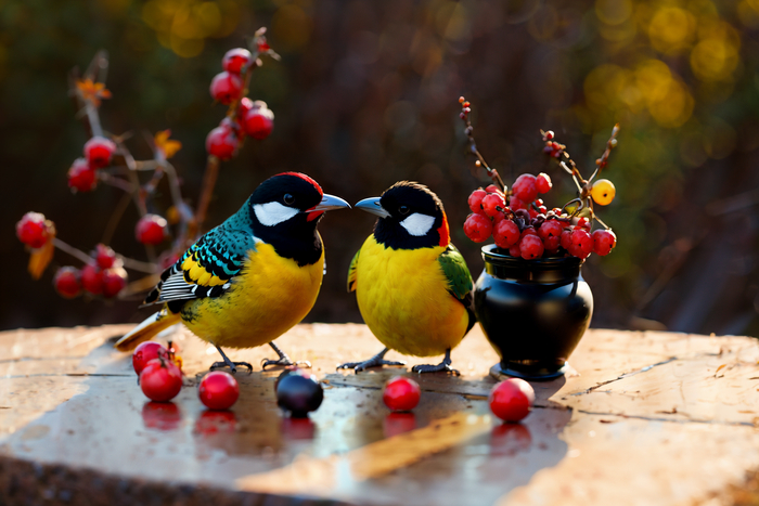 Birds and berries by SD  ,  , Stable Diffusion,  ,  , , 