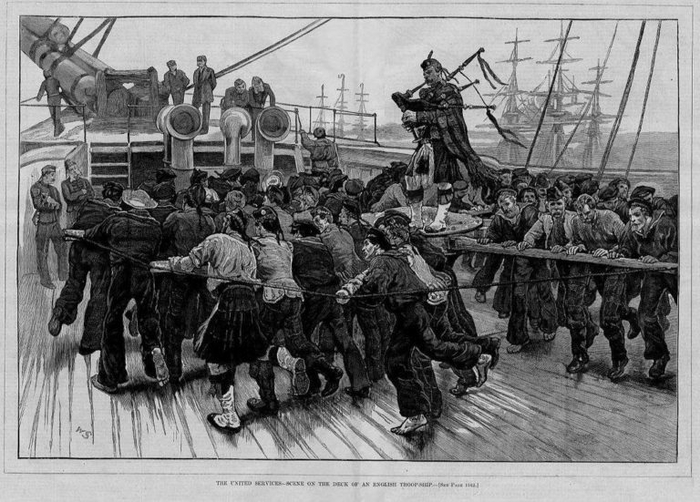 Подъем якоря на большом корабле. Надо чтоб вся эта толпа делала шаг одновременно. Ритм задает шантимен, волынщик подигрывает ему