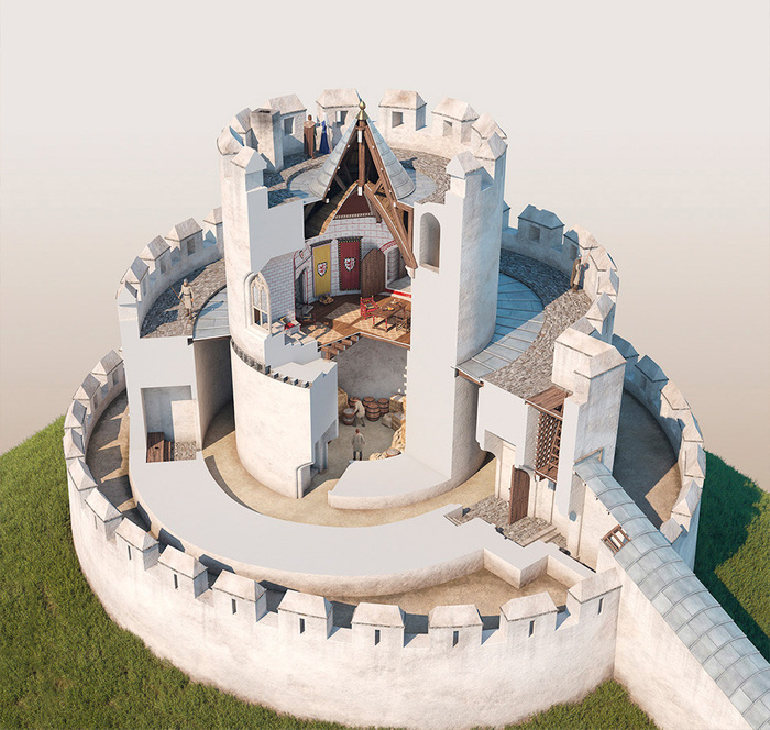 Виртуальная реконструкция внешнего вида башни-донжона после перестройки 1270-х. Автор Хосе Казальз.