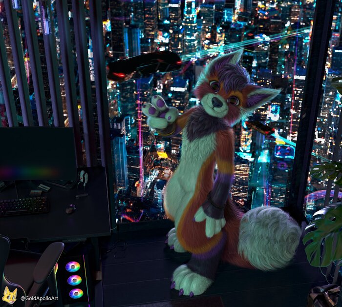 На высоте Фурри, Furry Red Panda, Ночной город, 3D графика, Twitter (ссылка)
