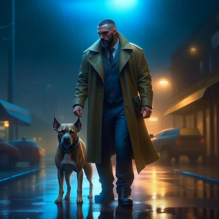 An angry man in a raincoat walks in the rain with a pitbull