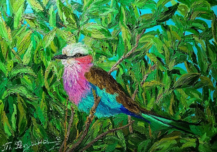 "Сиреневогрудая сизоворонка" Холст 50см*35см масло