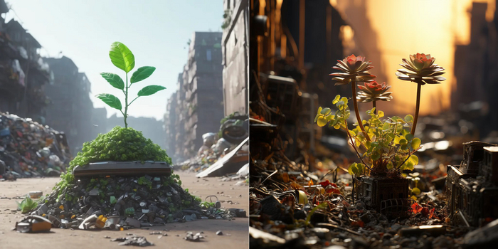 Слева Tengr AI, справа Midjourney
Промт: Нарисуй инопланетное растение растет среди куч мусора, антиутопический пейзаж, валл-и, анимированный, суперреальный 3D-рендеринг, рассада растения, — 9:16