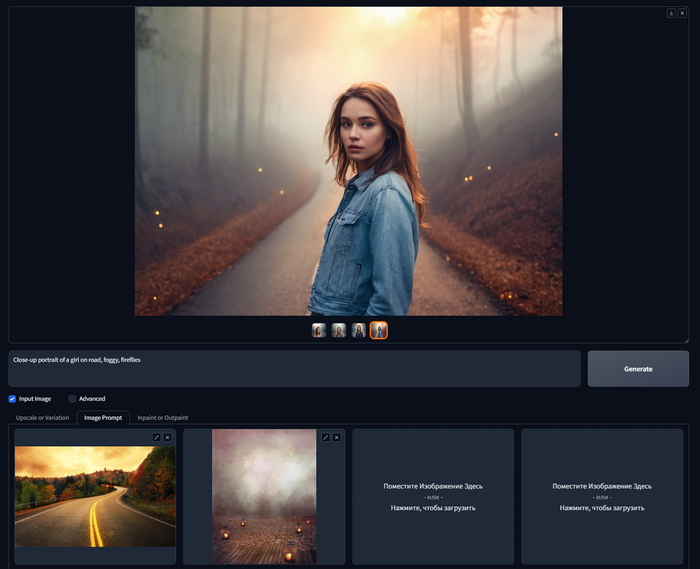 Close-up portrait of a girl on road, foggy, fireflies