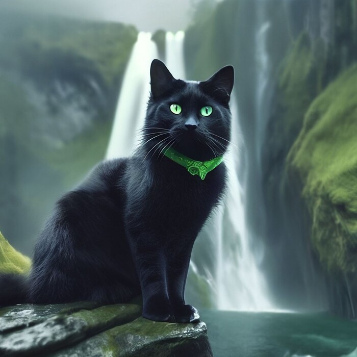 Красивая чёрная зеленоглазая кошка на фоне водопада