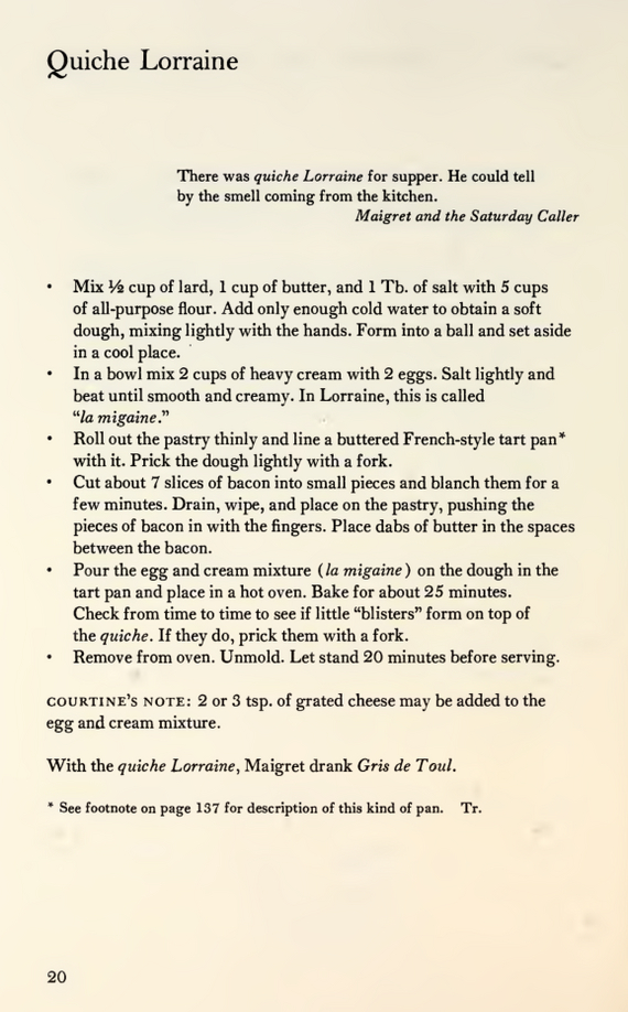 Страница из книги с рецептом пирога "киш-лоррейн"