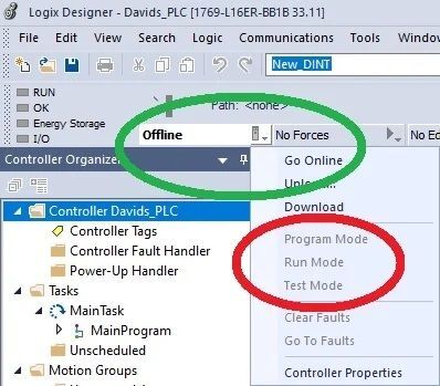 Рисунок 2. Подключения Online/Offline (выделено зеленым) полностью отличаются от выбора режима работы (выделено красным)