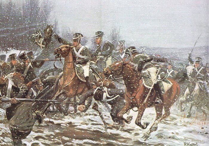 Вюртембергский драгунский полк кронпринца атакует французские каре в сражении при Ла-Ротьере 1 февраля 1814 г