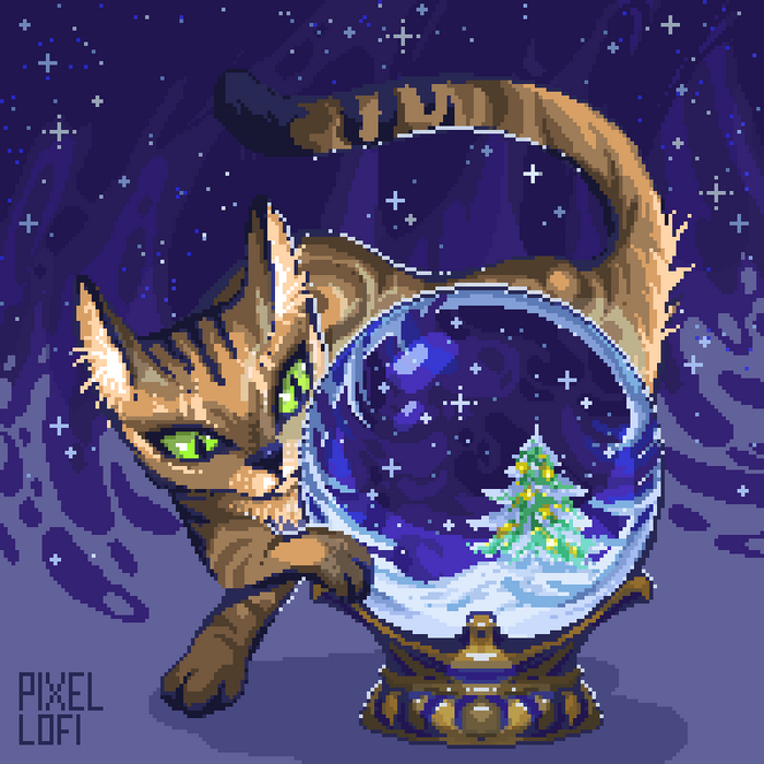 Кошка и снежный шар Творчество, Pixel Art, Арт, Рисунок, Персонажи, Кот