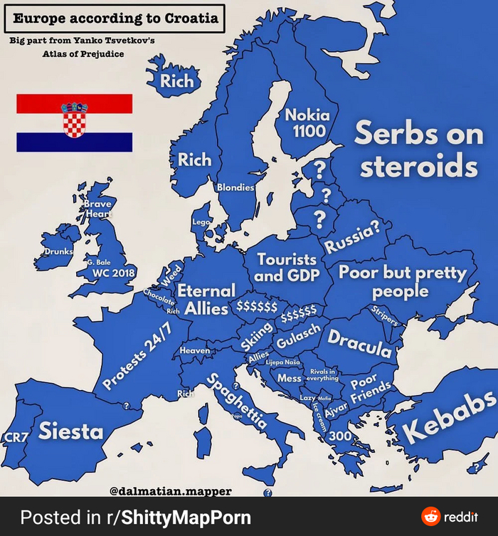 Какие ассоциации вызывают у хорватов страны Европы Карты, Хорватия, Европа, Интересное, Инфографика, Reddit (ссылка), Россия, Украина, Молдова, Республика Беларусь, Прибалтика, Сербия
