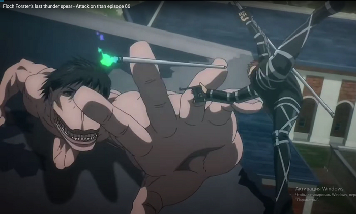 Флок (справа) - один из символов элдийского турбопатриотизма. Применяет "Громовое копье" с усовершенствованным двигателем против Титана-перевозчика. "Копья" - одна из самых удачных технических новаций Элдии.