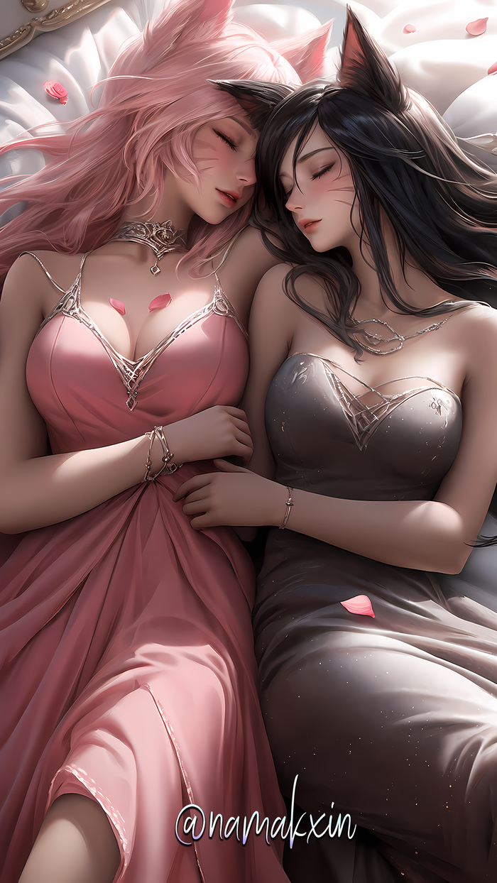 Now there are two of them! , Anime Art, ,  , , League of Legends, Ahri, Yuri, Animal Ears, 