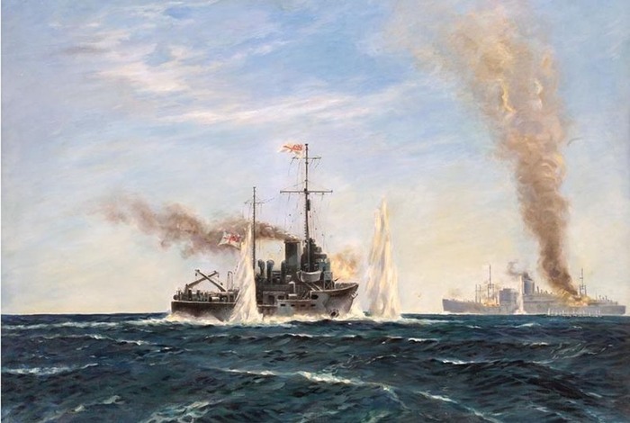 Тральщик (неофициально корвет) Bengal ведёт бой с вспомогательным крейсером Aikoku Maru. 11 ноября 1942 года