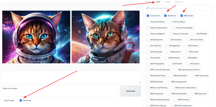 Снизу 2 галочки расширенные настройки и работа с изображениями, нажимаем адвэйнс, выбираем стиль, стилей там огромное множество, мне не нравится реализм, хотя справляется эта штуковина с ним на ура, стили можно объединять и комбинировать.