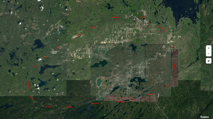 Кратер Садбери. Если вглядеться, то чётко видны очертания овального кратера, почти на все это изображение